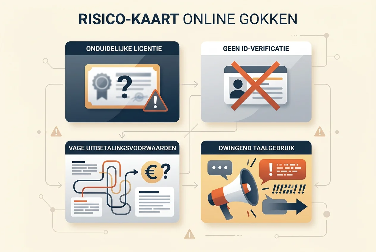 Een risicokaart met signalen zoals onduidelijke vergunning, no ID claim en onleesbare voorwaarden